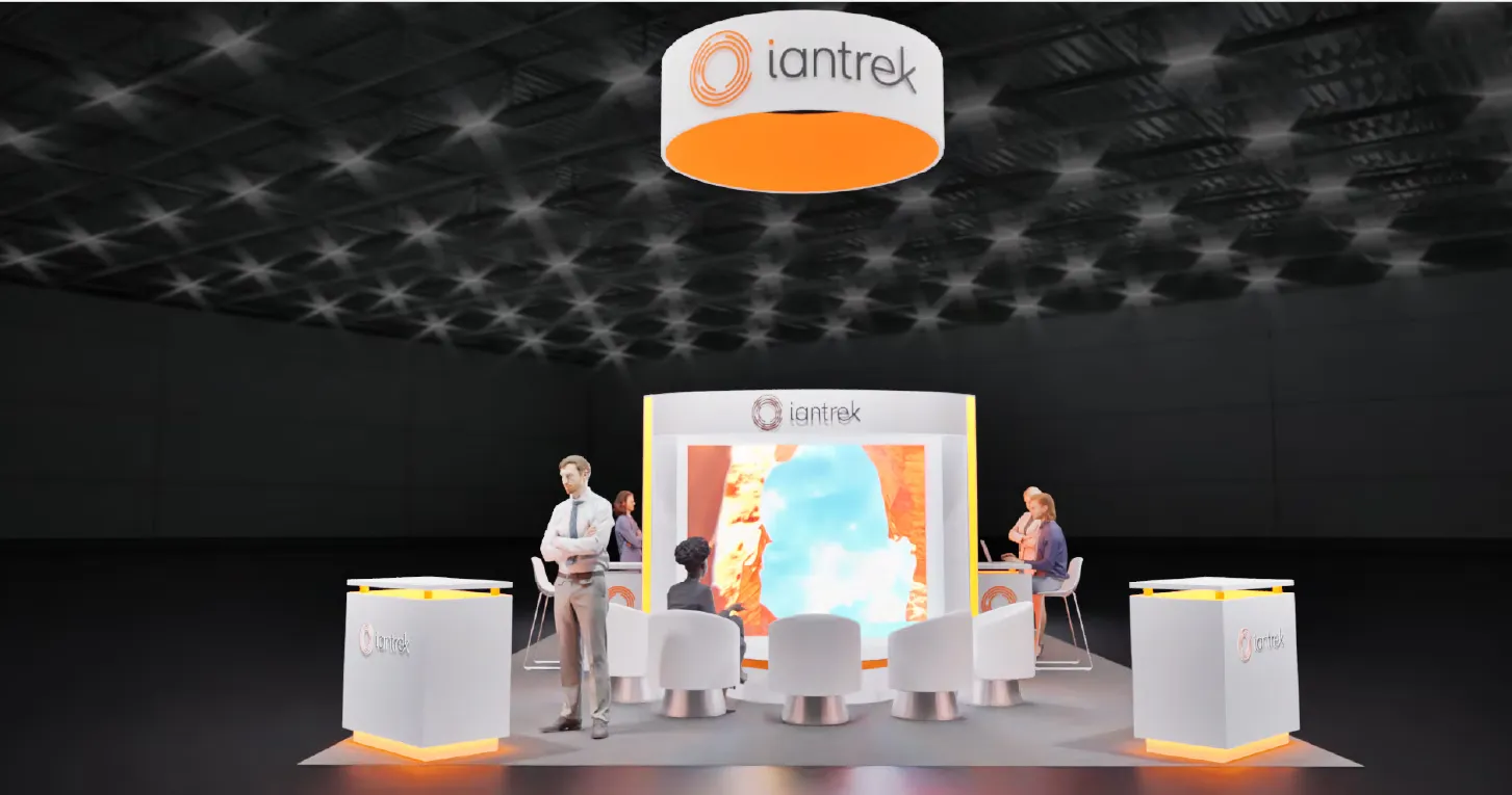 A render of the Iantrek booth, with its lit ring sign overhead